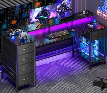 Korfile 61 Inch Gaming Computer Desk with Power Outlets,LED,5 Drawers,Black