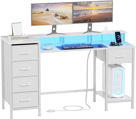 47" Gaming Desk with Power Outlets & RGB Lights - 5 Reversible Fabric Drawers for Office & Gaming