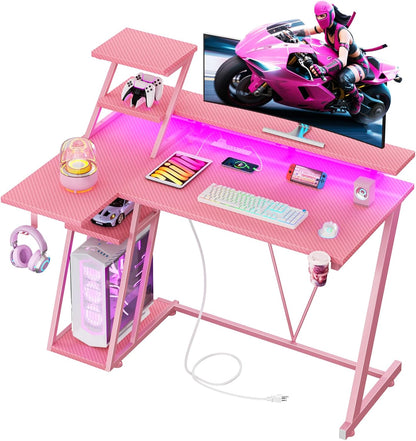 Korfile 40 Inch Pink Gaming Desk with LED Lights & Power Outlet, Small Gaming Computer Desk with Storage Shelves, L Shaped Gamer Workstations with Monitor Stand for Bedroom