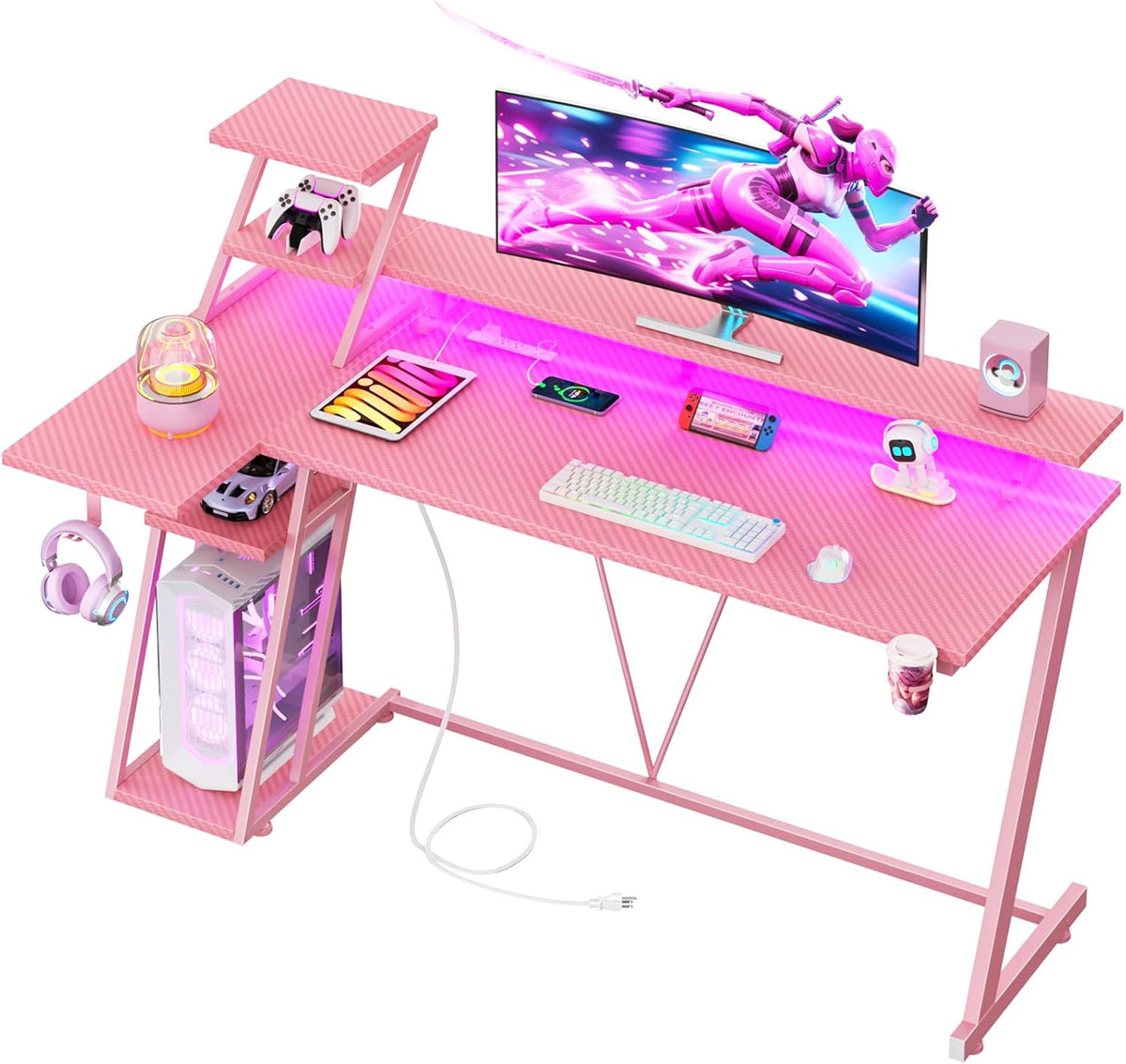 Korfile 55 Inch Pink Gaming Desk with LED Lights & Power Outlet, Gaming Computer Desk with Storage Shelves, L Shaped Gamer Workstations with Monitor Stand for Bedroom