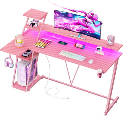 Korfile 55 Inch Pink Gaming Desk with LED Lights & Power Outlet, Gaming Computer Desk with Storage Shelves, L Shaped Gamer Workstations with Monitor Stand for Bedroom