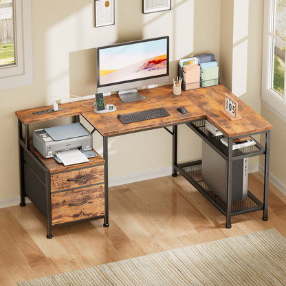 Korfile 49 Inch L Shaped Gaming Desk with Power Outlets, Reversible Computer Desk with 2 Fabric Drawers & Printer Stand, Office Desk with Mesh Shelves, Rustic Brown