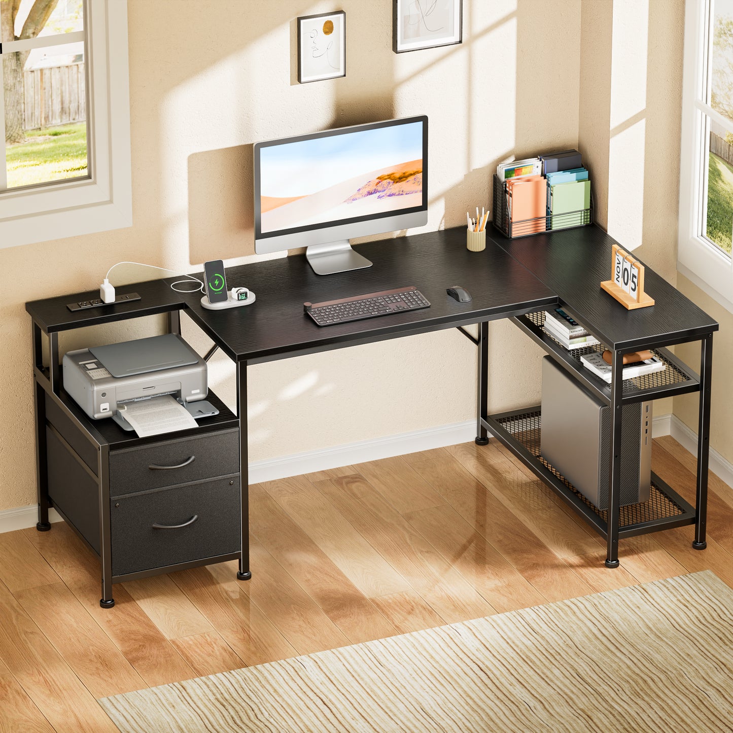 Korfile 57 Inch L Shaped Gaming Desk with Power Outlets, Reversible Computer Desk with 2 Fabric Drawers & Printer Stand, Office Desk with Mesh Shelves, Black