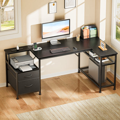 Korfile 57 Inch L Shaped Gaming Desk with Power Outlets, Reversible Computer Desk with 2 Fabric Drawers & Printer Stand, Office Desk with Mesh Shelves, Black