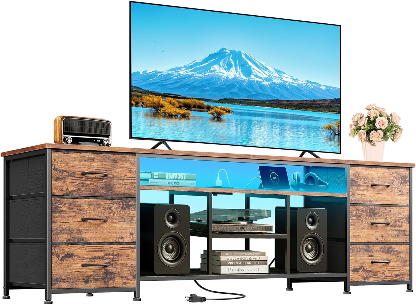 Korfile 63 Inch LED TV Stand for Bedroom, Entertainment Center with Power Outlets & 6 PU Leather Drawers, Media Console Table with Open Storage Shelves for 55-70 Inch TV, Living Room, Rustic Brown