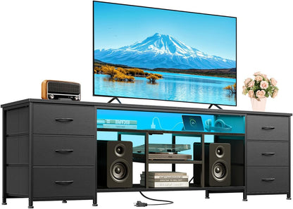 Korfile 63 Inch LED TV Stand for Bedroom, Entertainment Center with Power Outlets & 6 PU Leather Drawers, Media Console Table with Open Storage Shelves for 55-70 Inch TV, Living Room, Black