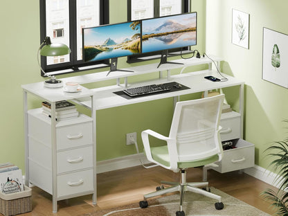 55" Gaming Desk Power Outlets & LED Lights - Reversible Office Desk with Fabric Drawers
