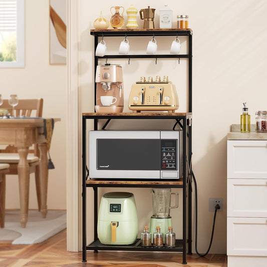 4-Tier Kitchen Rack with Power Outlet - Microwave Stand, 8 Hooks for Spices & Coffee Station