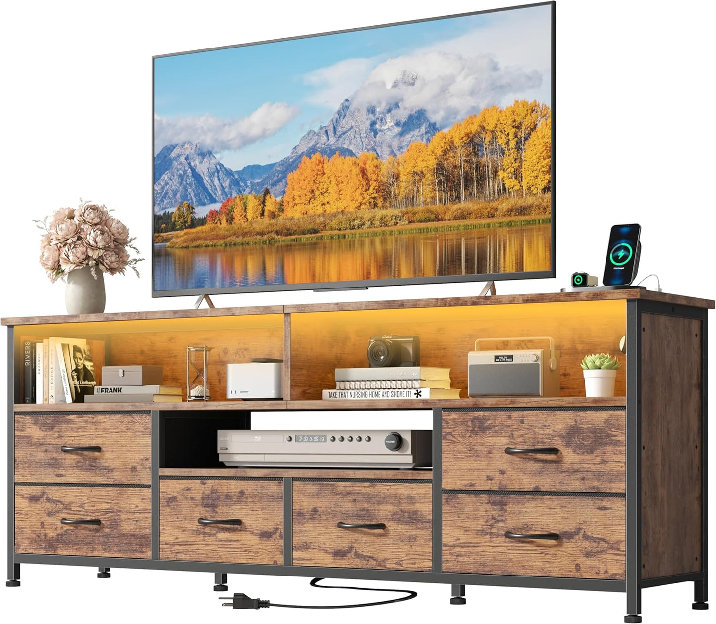 Korfile 55 Inch LED TV Stand for Bedroom, 6 Drawers Entertainment Center with Power Outlets for 50/55/60 Inch TV, Media Console Table with Shelves for Living Room & Hallway, PU Leather Surface, Brown