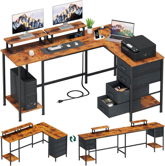 66" L Shaped Desk with Power Outlets - 4 Drawers, 2 Monitor Stands | Office & Gaming for 2