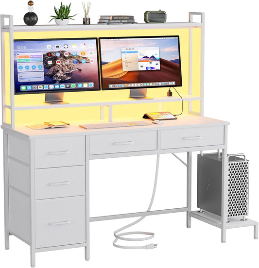 47" Modern Gaming Desk with Hutch - Power Outlets, LED Lights & 5 Drawers | 2-Tier Display Shelves for Home Office & Bedroom