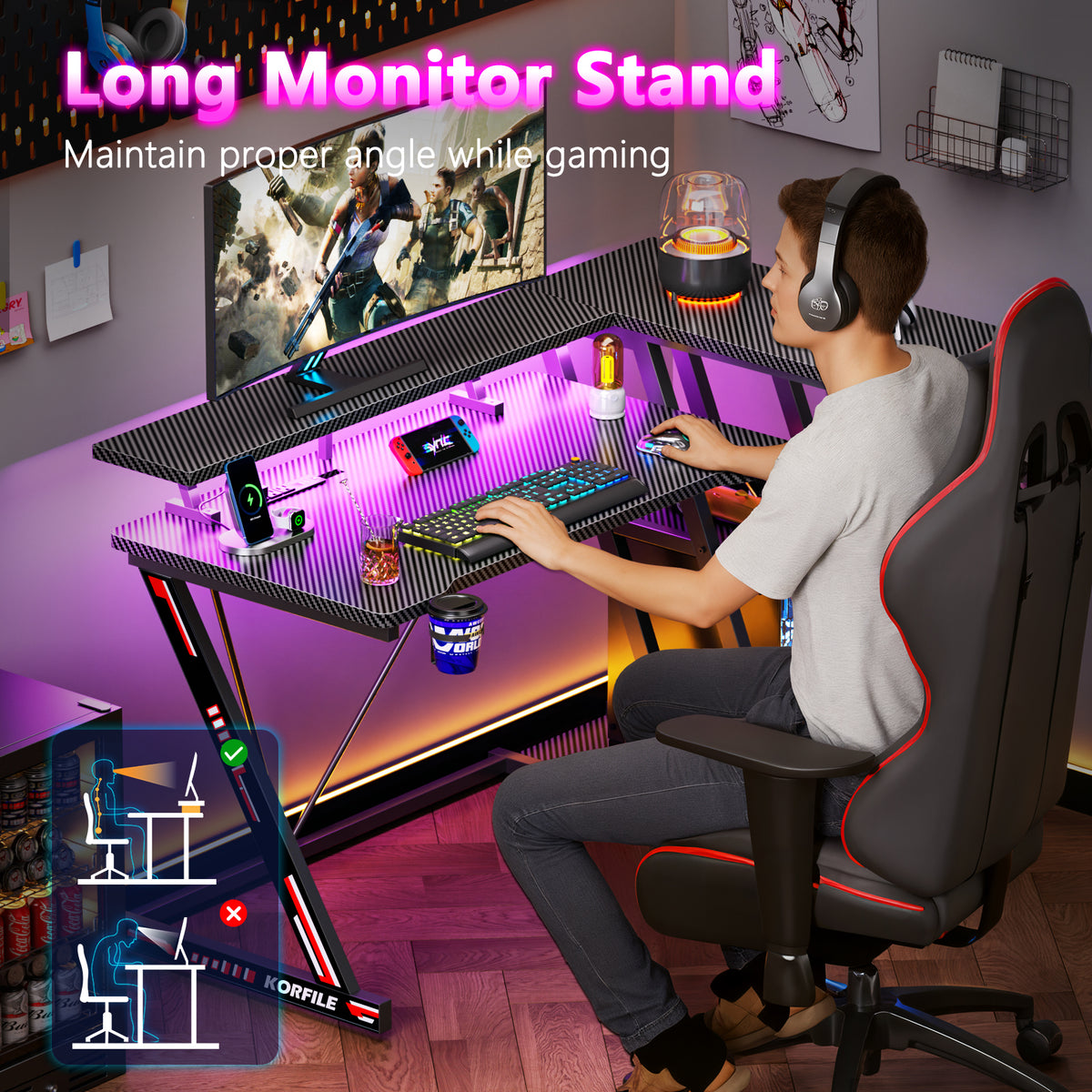 Korfile 40 Inch Gaming Desk with Power Outlet, LED, Carbon Fiber Black
 | L Shaped Computer Gaming Table, Corner Gamer Table, with 3 Tiers Storage Shelves, with Moniter Stand, for Small Space