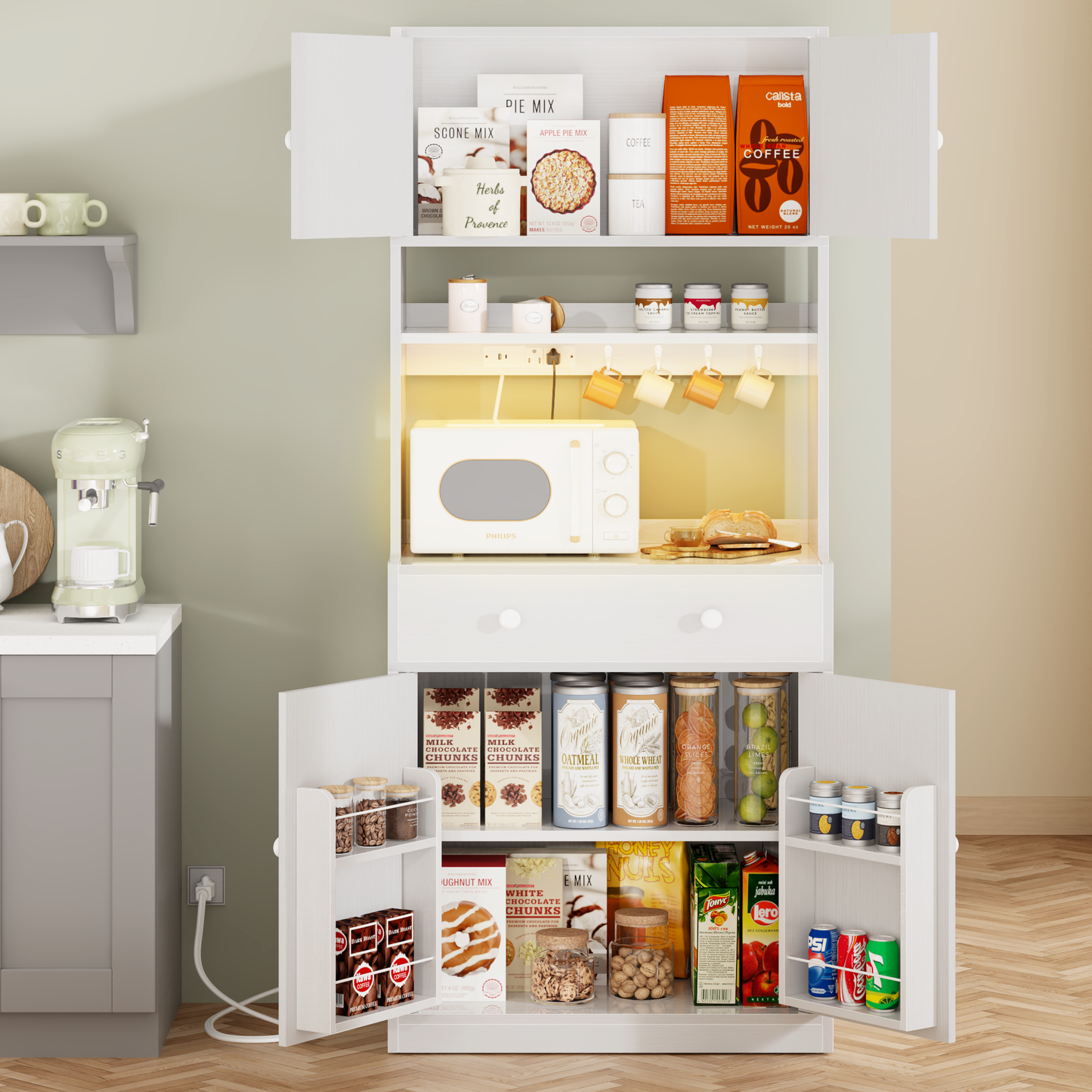 Korfile 71'' Tall White Farmhouse Kitchen Pantry Storage Cabinet Freestanding Microwave Stand with Hutch Doors Drawers for Dining Room Furniture