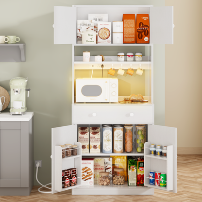 Korfile 71'' Tall White Farmhouse Kitchen Pantry Storage Cabinet Freestanding Microwave Stand with Hutch Doors Drawers for Dining Room Furniture