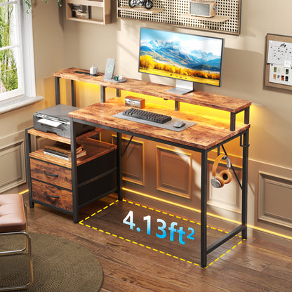 Korfile 47 inch Gaming Desk with Power Outlets & Storage Shelves, Reversible Computer Gaming Desk with Fabric Drawers and Monitor Stand, Corner Gaming Table for Home Office, Work, Writing, Gaming