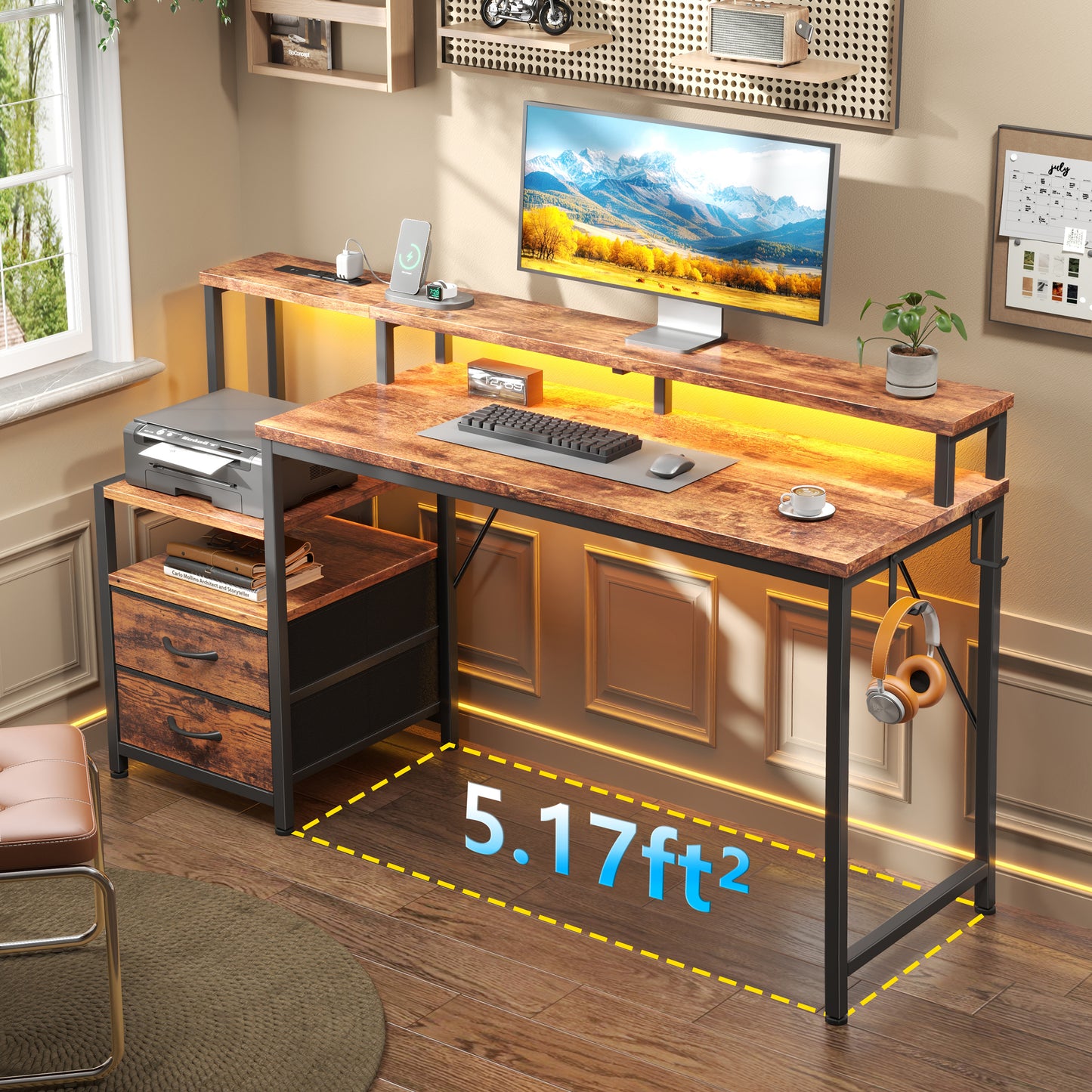 Korfile 55 inch Gaming Desk with Power Outlets & Storage Shelves, Reversible Computer Gaming Desk with Fabric Drawers and Monitor Stand, Corner Gaming Table for Home Office, Work, Writing, Gaming