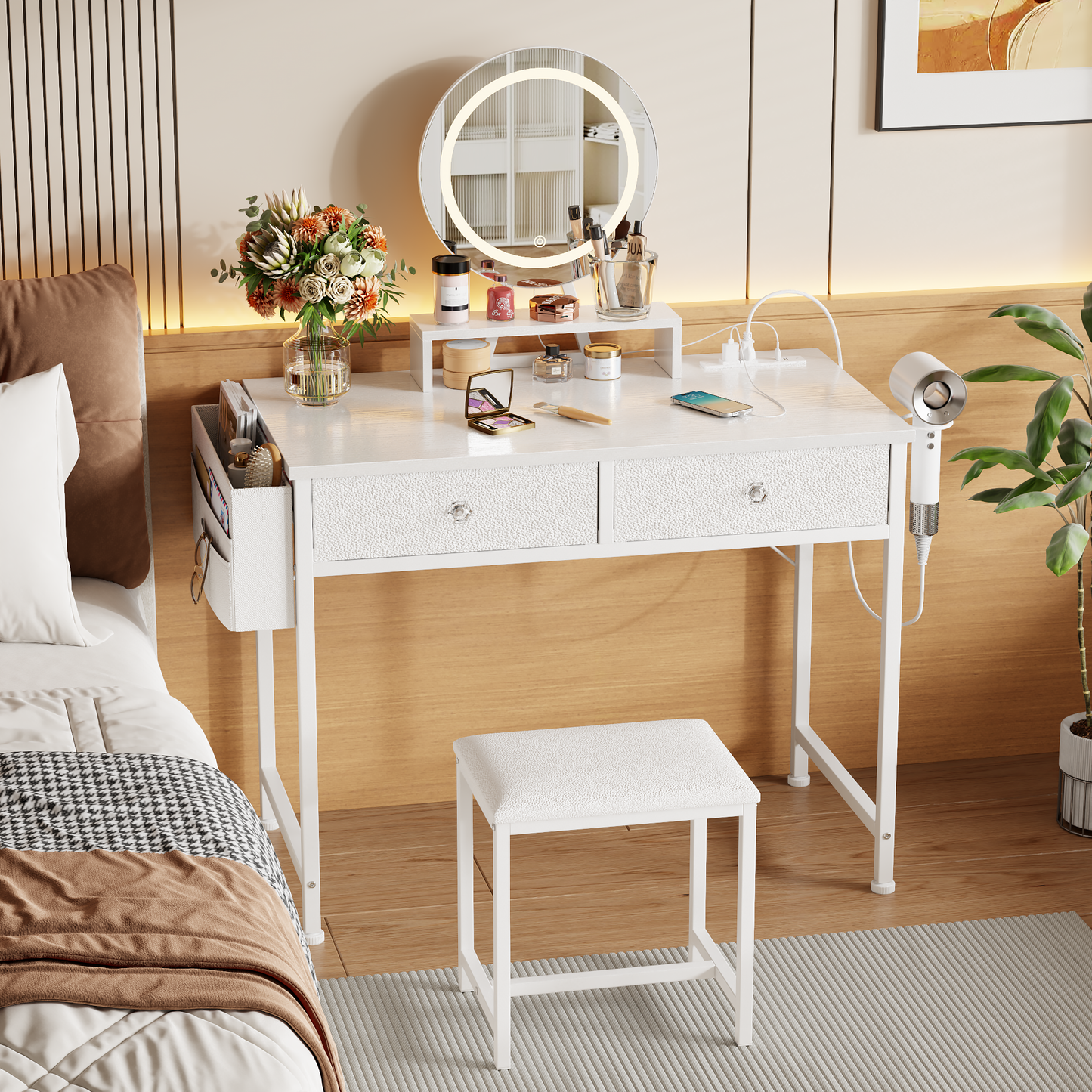 Vanity Desk with Mirror and Light, Makeup Table Set with Chair for Girls Teen, Make Up Dresser with 2 Drawers and Power Outlet, 32 Inch Dressing Table with Cushion Stool for Bedroom, White