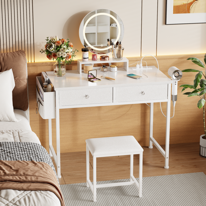 Vanity Desk with Mirror and Light, Makeup Table Set with Chair for Girls Teen, Make Up Dresser with 2 Drawers and Power Outlet, 32 Inch Dressing Table with Cushion Stool for Bedroom, White