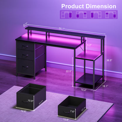 Korfile 55 Inch Computer Desk with Power Outlets, Home Office Desk with 3 Adjustable Storage Drawers & Monitor Stands, Gaming Table for Bedroom, Black
