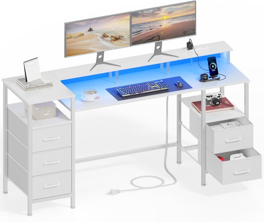 55" Gaming Desk Power Outlets & LED Lights - Reversible Office Desk with Fabric Drawers