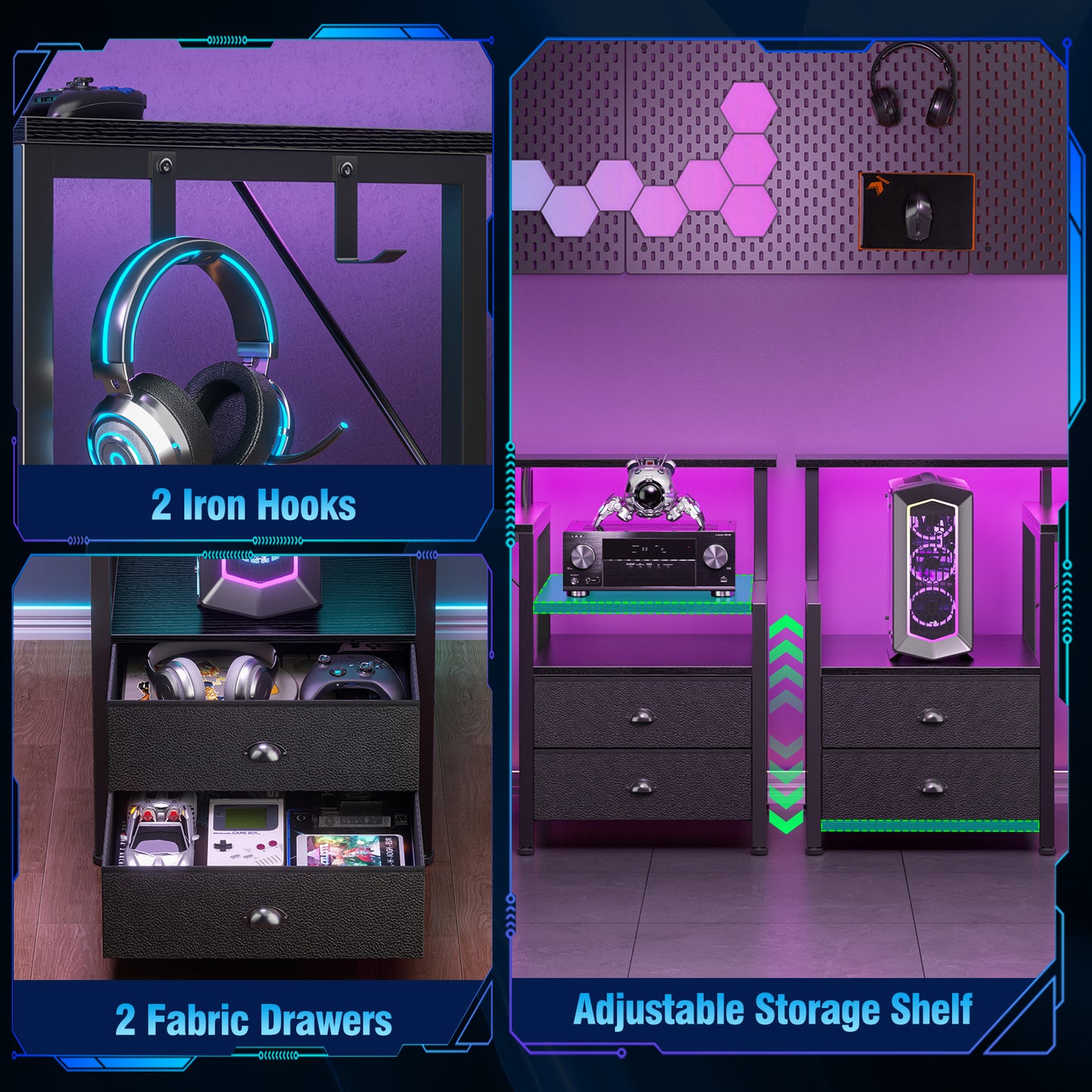 Korfile 66" L Shaped Gaming Desk with Drawers and Storage Shelves, Reversible Corner Desk with Power Outlets and Host Stand, Large Computer Desk with Led Lights for Gaming, Work, Home Office, Black