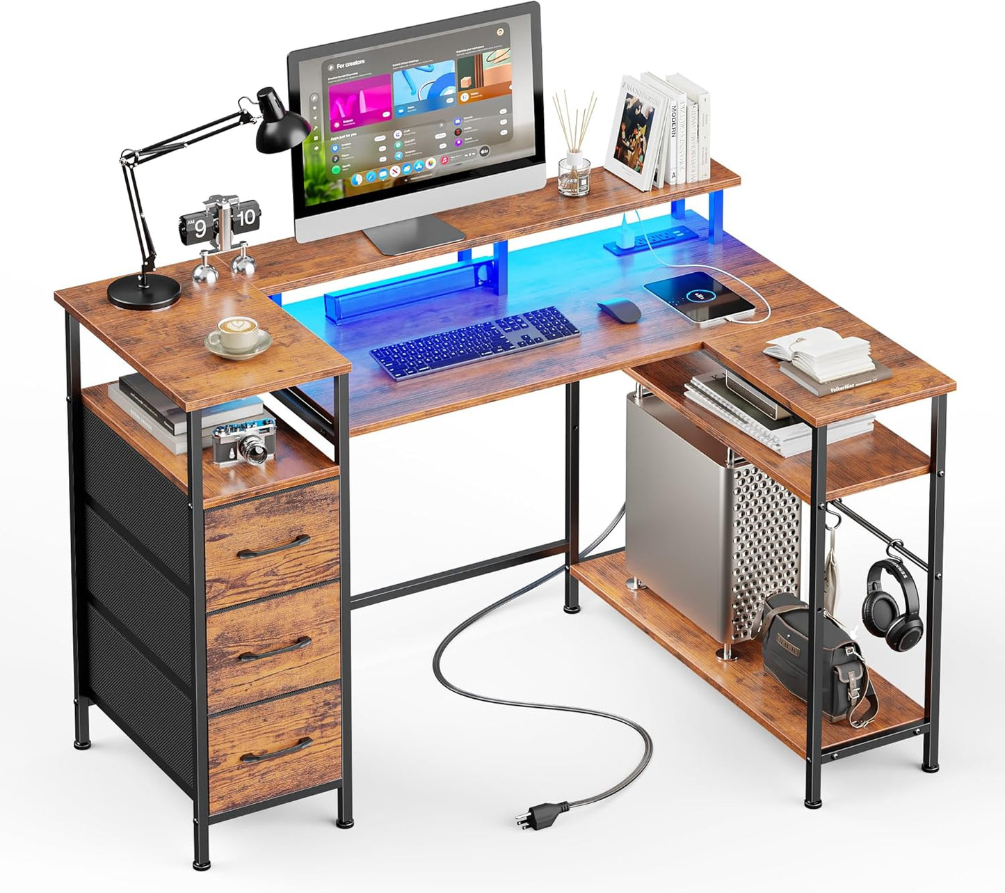 47-55 Inch L Shaped Computer Desk with Power Outlets and LED Lights, Reversible Gaming Desk with File Drawer & Monitor Stand