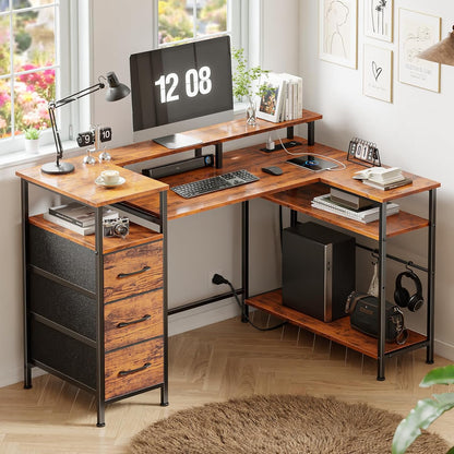 47-55 Inch L Shaped Computer Desk with Power Outlets and LED Lights, Reversible Gaming Desk with File Drawer & Monitor Stand