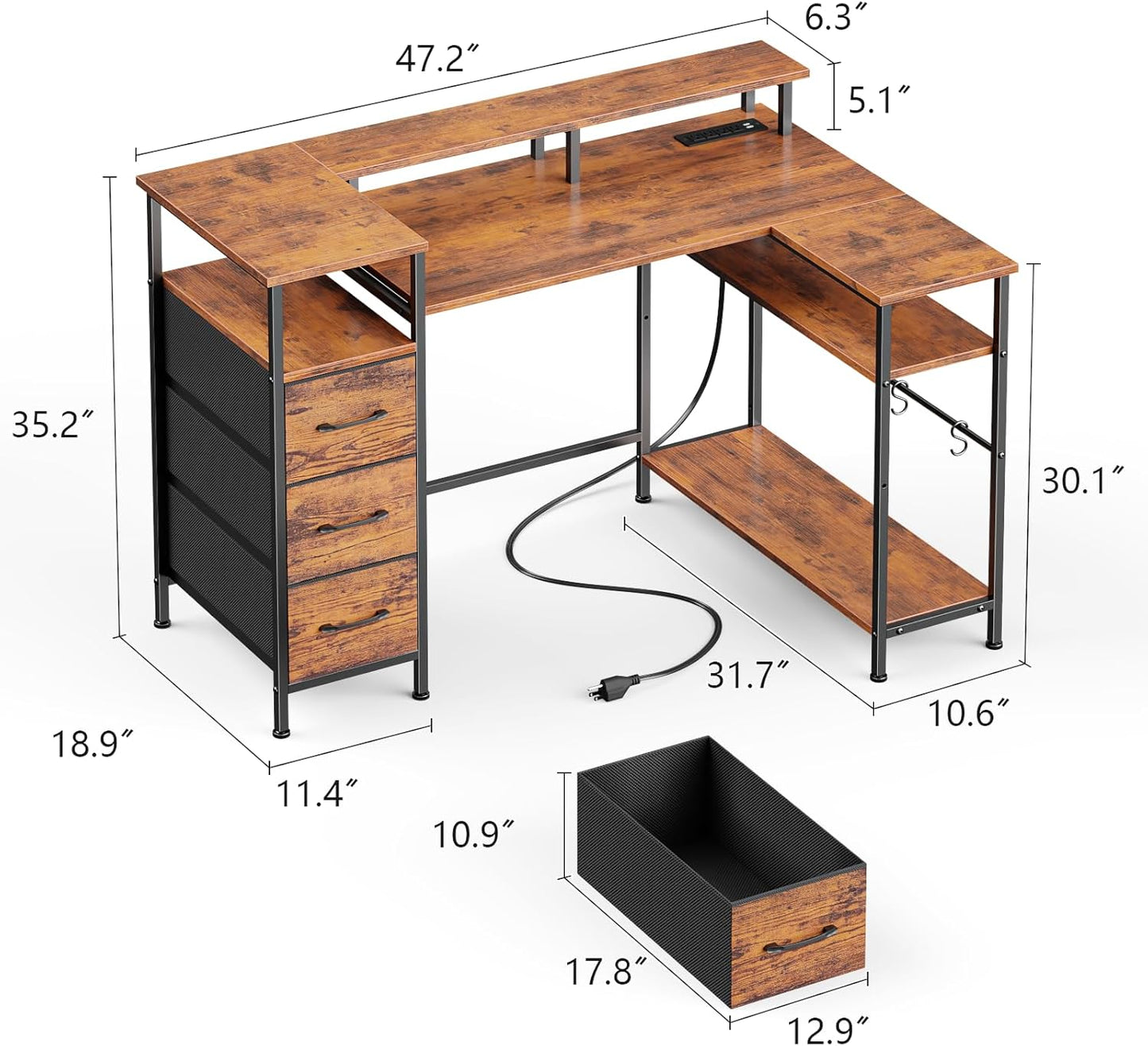 47-55 Inch L Shaped Computer Desk with Power Outlets and LED Lights, Reversible Gaming Desk with File Drawer & Monitor Stand