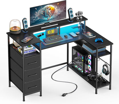 47-55 Inch L Shaped Computer Desk with Power Outlets and LED Lights, Reversible Gaming Desk with File Drawer & Monitor Stand