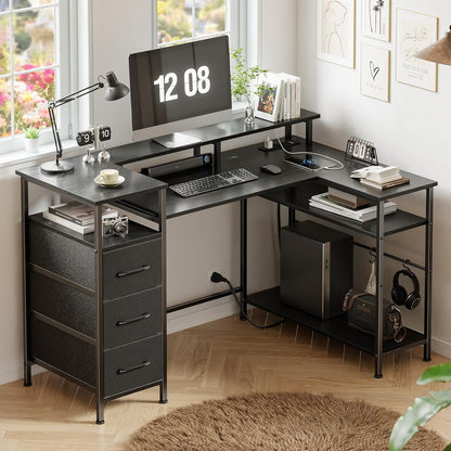 47-55 Inch L Shaped Computer Desk with Power Outlets and LED Lights, Reversible Gaming Desk with File Drawer & Monitor Stand
