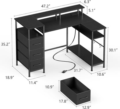47-55 Inch L Shaped Computer Desk with Power Outlets and LED Lights, Reversible Gaming Desk with File Drawer & Monitor Stand