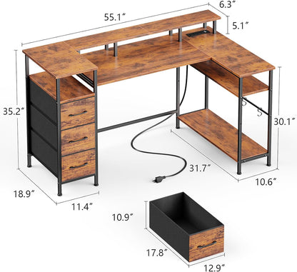 47-55 Inch L Shaped Computer Desk with Power Outlets and LED Lights, Reversible Gaming Desk with File Drawer & Monitor Stand