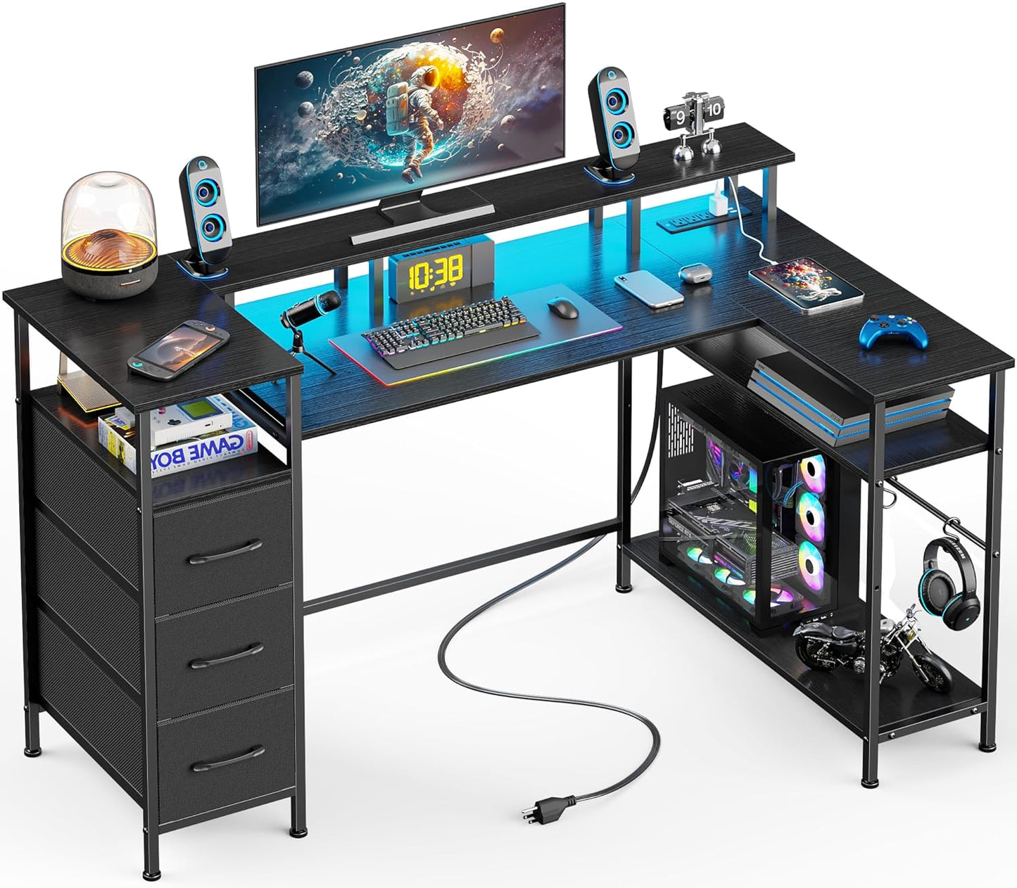 47-55 Inch L Shaped Computer Desk with Power Outlets and LED Lights, Reversible Gaming Desk with File Drawer & Monitor Stand