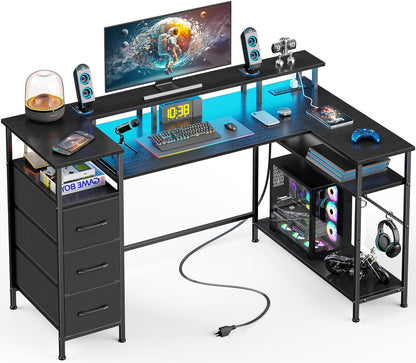 47-55 Inch L Shaped Computer Desk with Power Outlets and LED Lights, Reversible Gaming Desk with File Drawer & Monitor Stand