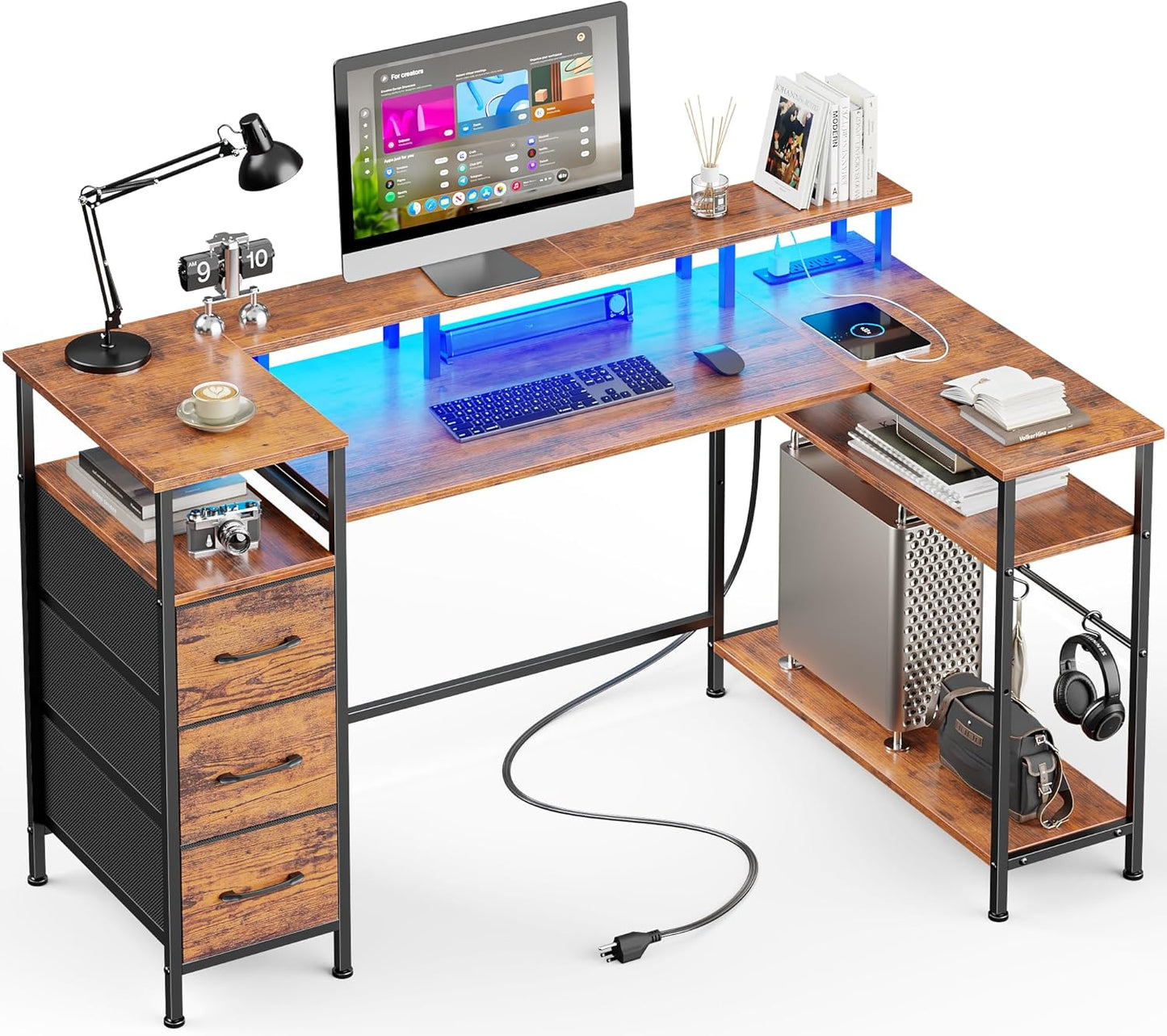 47-55 Inch L Shaped Computer Desk with Power Outlets and LED Lights, Reversible Gaming Desk with File Drawer & Monitor Stand