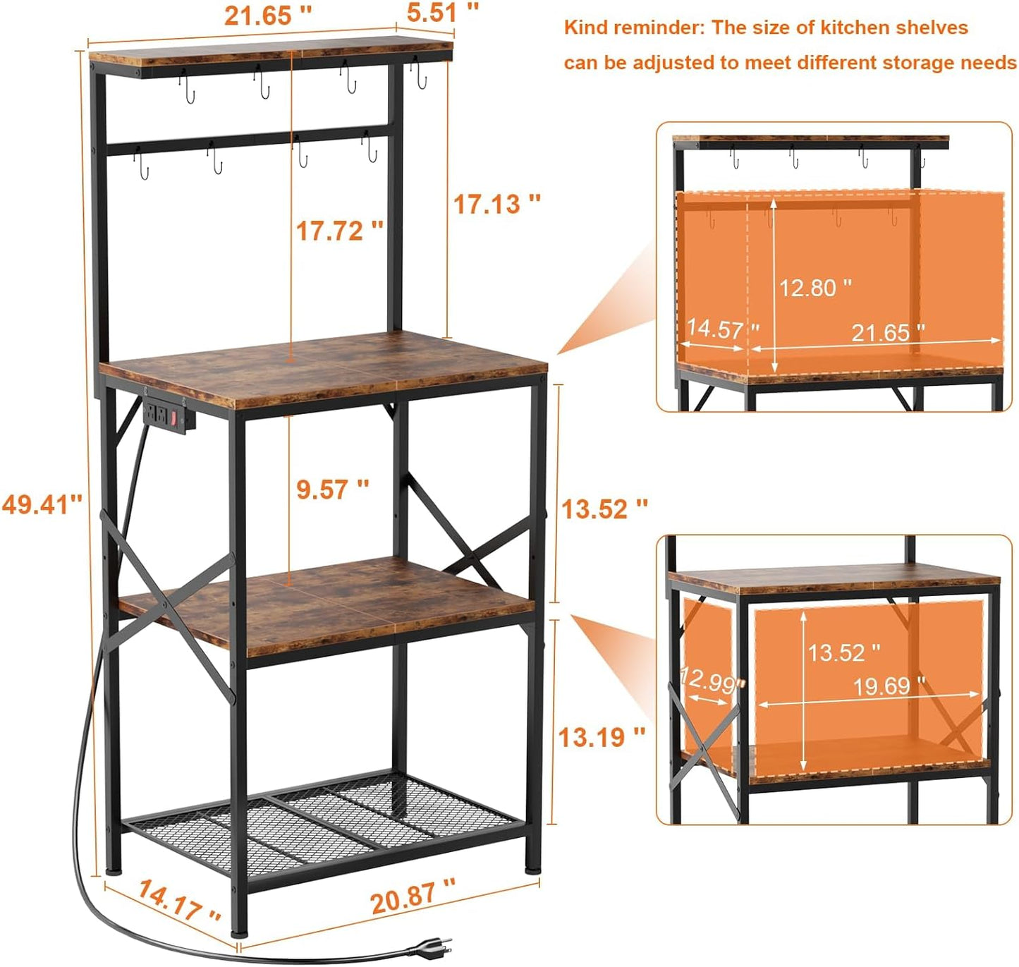 4-Tier Kitchen Rack with Power Outlet - Microwave Stand, 8 Hooks for Spices & Coffee Station
