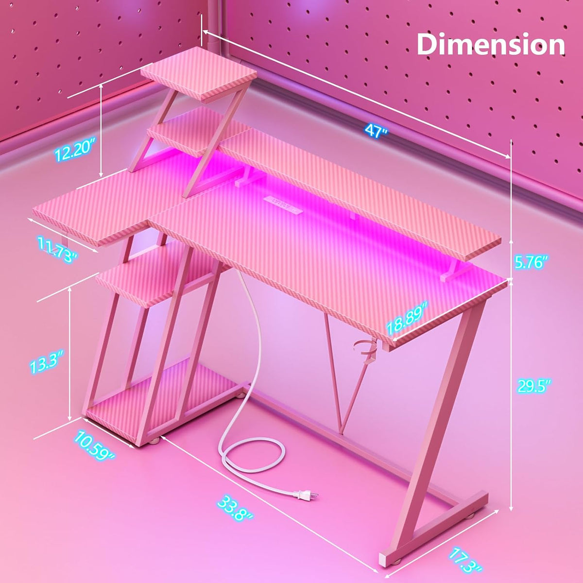 Korfile 47 Inch Pink Gaming Desk with LED Lights & Power Outlet, Gaming Computer Desk with Storage Shelves, L Shaped Gamer Workstations with Monitor Stand for Bedroom