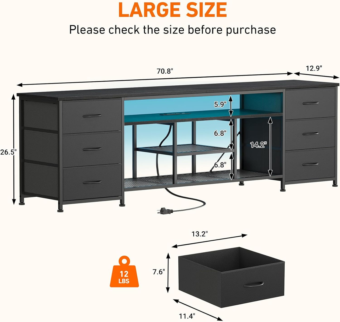 Korfile 71 Inch LED TV Stand for Bedroom, Entertainment Center with Power Outlets & 6 PU Leather Drawers, Media Console Table with Open Storage Shelves for 55-75 Inch TV, Living Room, Black