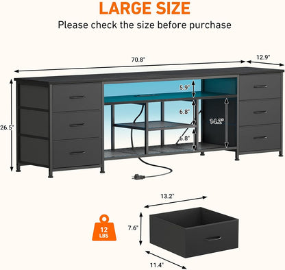 Korfile 71 Inch LED TV Stand for Bedroom, Entertainment Center with Power Outlets & 6 PU Leather Drawers, Media Console Table with Open Storage Shelves for 55-75 Inch TV, Living Room, Black