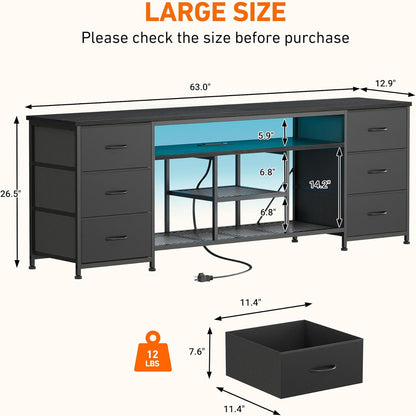 Korfile 63 Inch LED TV Stand for Bedroom, Entertainment Center with Power Outlets & 6 PU Leather Drawers, Media Console Table with Open Storage Shelves for 55-70 Inch TV, Living Room, Black