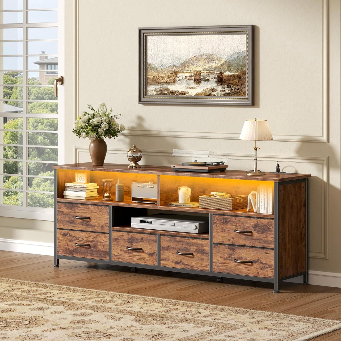 Korfile 55 Inch LED TV Stand for Bedroom, 6 Drawers Entertainment Center with Power Outlets for 50/55/60 Inch TV, Media Console Table with Shelves for Living Room & Hallway, PU Leather Surface, Brown