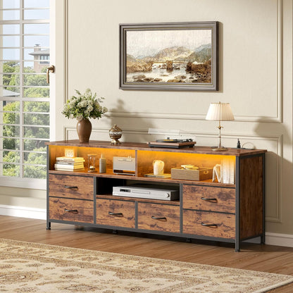 Korfile 55 Inch LED TV Stand for Bedroom, 6 Drawers Entertainment Center with Power Outlets for 50/55/60 Inch TV, Media Console Table with Shelves for Living Room & Hallway, PU Leather Surface, Brown