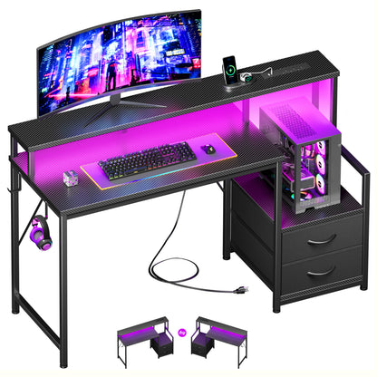 Korfile 47 inch Gaming Desk with Power Outlets & Storage Shelves, Reversible Computer Gaming Desk with Fabric Drawers and Monitor Stand, Corner Gaming Table for Home Office, Work, Writing, Gaming