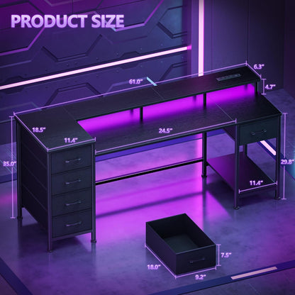 Korfile 61 Inch Gaming Computer Desk with Power Outlets,LED,5 Drawers,Black
