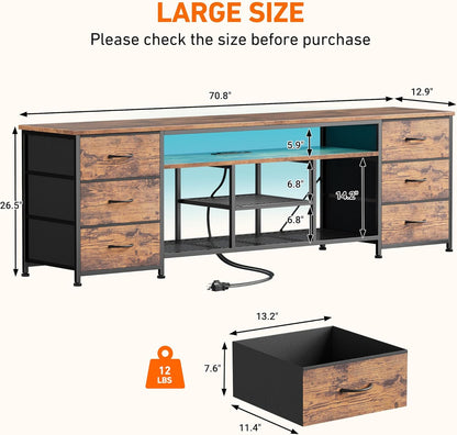 Korfile 71 Inch LED TV Stand for Bedroom, Entertainment Center with Power Outlets & 6 PU Leather Drawers, Media Console Table with Open Storage Shelves for 55-75 Inch TV, Living Room, Rustic Brown