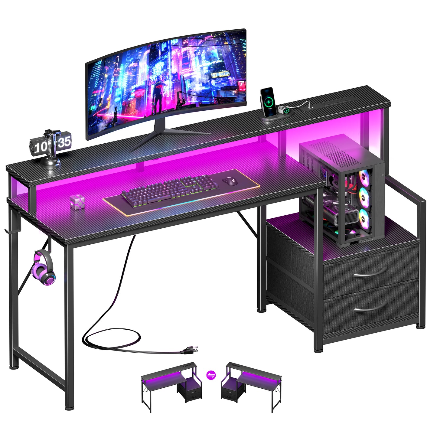 Korfile 55 inch Gaming Desk with Power Outlets & Storage Shelves, Reversible Computer Gaming Desk with Fabric Drawers and Monitor Stand, Corner Gaming Table for Home Office, Work, Writing, Gaming