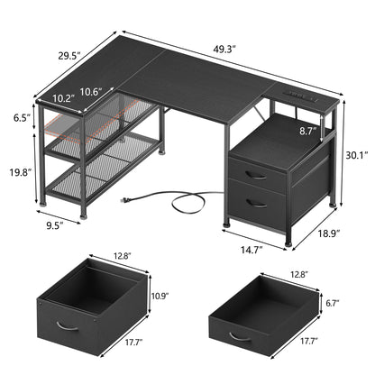 Korfile 49 Inch L Shaped Gaming Desk with Power Outlets, Reversible Computer Desk with 2 Fabric Drawers & Printer Stand, Office Desk with Mesh Shelves, Black