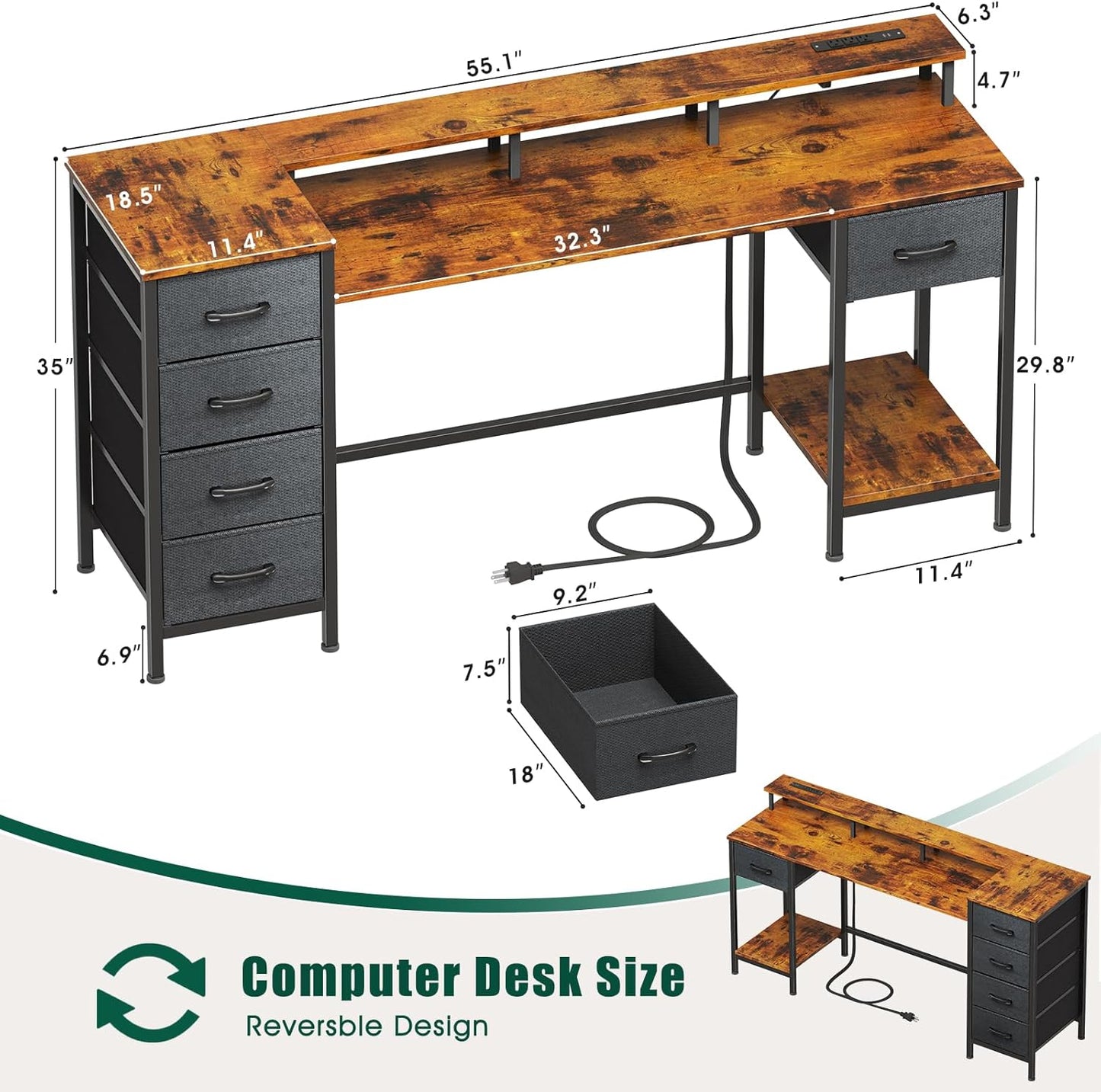 Korfile 55 Inch Gaming Desk with Power Outlets and LED Lights, Reversible Computer Desk with 5 Fabric Storage Drawers, Home Office Desk with Monitor Stand for Working Writing Study, Rustic Brown