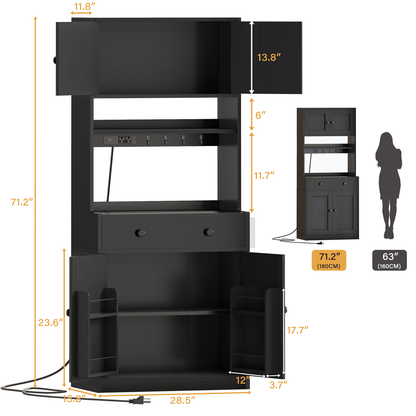 Korfile 71'' Black Kitchen Pantry Storage Cabinet Farmhouse Freestanding Microwave Stand with Hutch Doors and Drawers for Dining Room and Coffee Bar