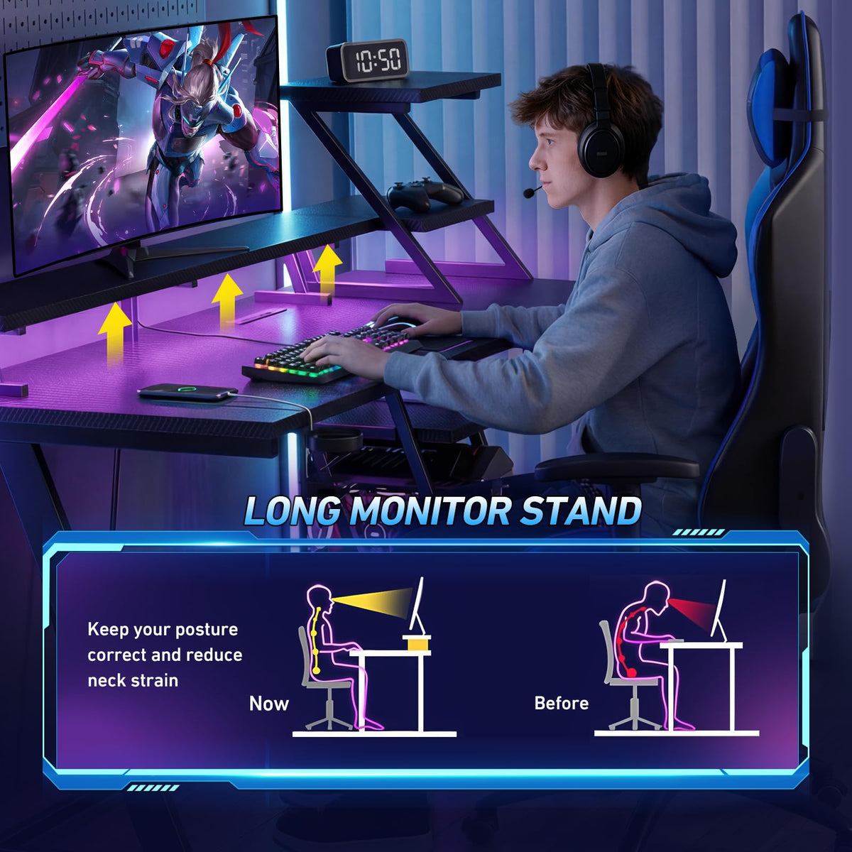 Korfile 40 Inch Gaming Desk with LED & Power Outlet, Carbon Fiber Black
 |
 L Shaped Computer Gaming Table, Reversible Corner Desk, Storage Shelves, Monitor Stand, for Home Office & Gaming Room